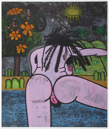 Bathers Three (Black Ground), Mixed media on linen