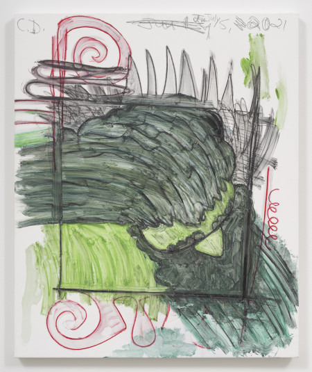 Green Male/Head Down (1), Urethane, water soluble crayon, pencil and colored pencil on gessoed linen