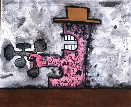 Killer with Hat, Mixed media on linen