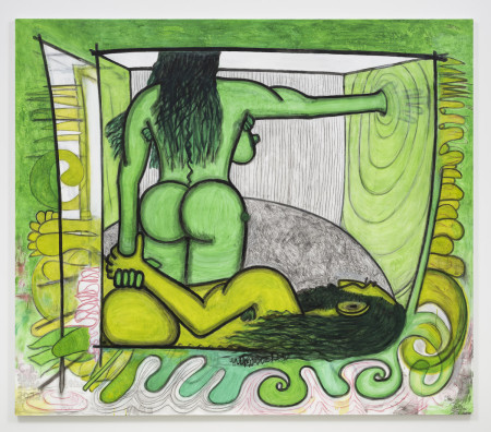 Qualiascope: Female and Male Kept Together, Urethane, water soluble crayon and pencil on linen