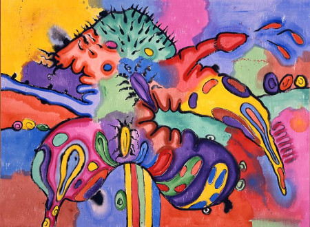 Shape Straddling Colored Bars, Acrylic, vinyl, and pencil on linen