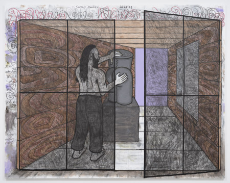 Studio on Another Planet, Urethane, acrylic, graphite, crayon, oil paint marker & pencil on linen