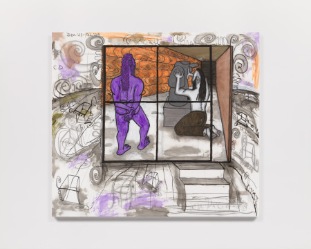 Studio Visit 3, Urethane, water soluble crayon and graphite on gessoed linen