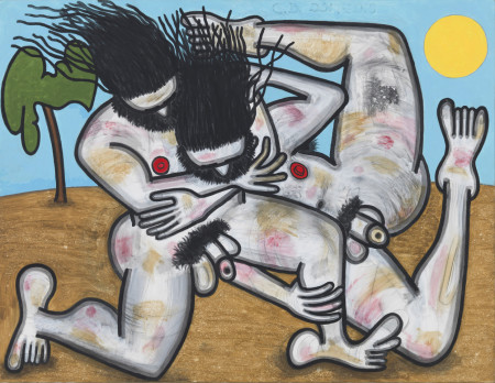 Wrestlers/Blue Sky, Mixed media on linen