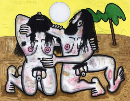 Wrestlers/Yellow Sky, Mixed media on linen