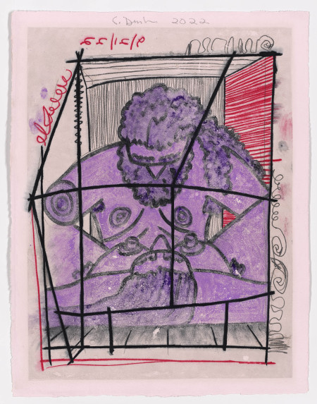 Purple Coitus Diagrams (5), Wet transfer monoprint on pigmented paper with hand additions