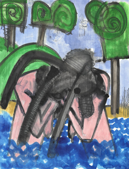 Untitled (2/1/10), Monotype in watercolor and pencil with handpainting and colored pencil drawing on Lanaquarelle paper