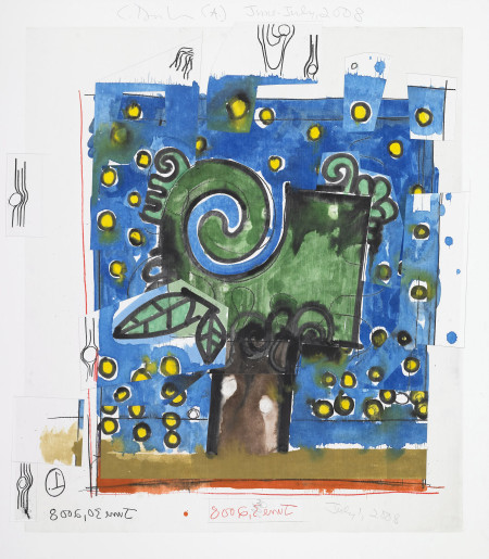 Untitled, (June-July, 2008) A, Monotype and collage in watercolor and pencil with collage on Lanaquarelle paper